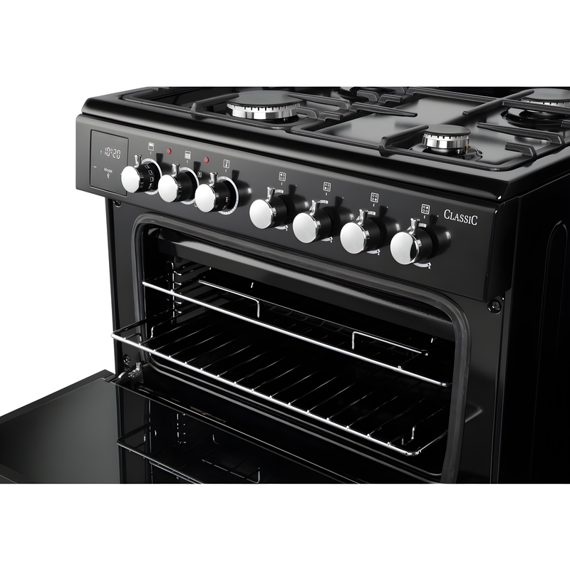 Rangemaster CLA60DFFBL/C - Black / Chrome Dual Fuel Cooker - Four Burners, 69/39 L Capacity, Double Oven - A Energy Rating
