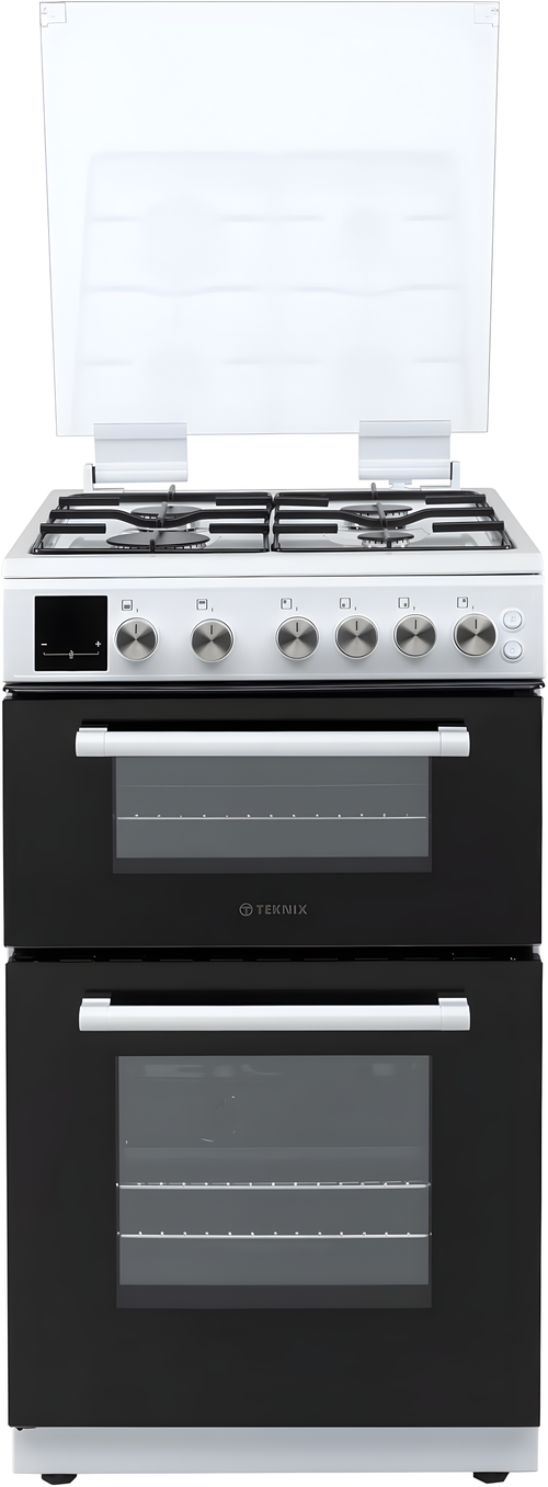 Teknix TKGD50W - White 50cm Freestanding Gas Cooker - Double Oven & Grill, 4 Burner Hob - A+ Energy