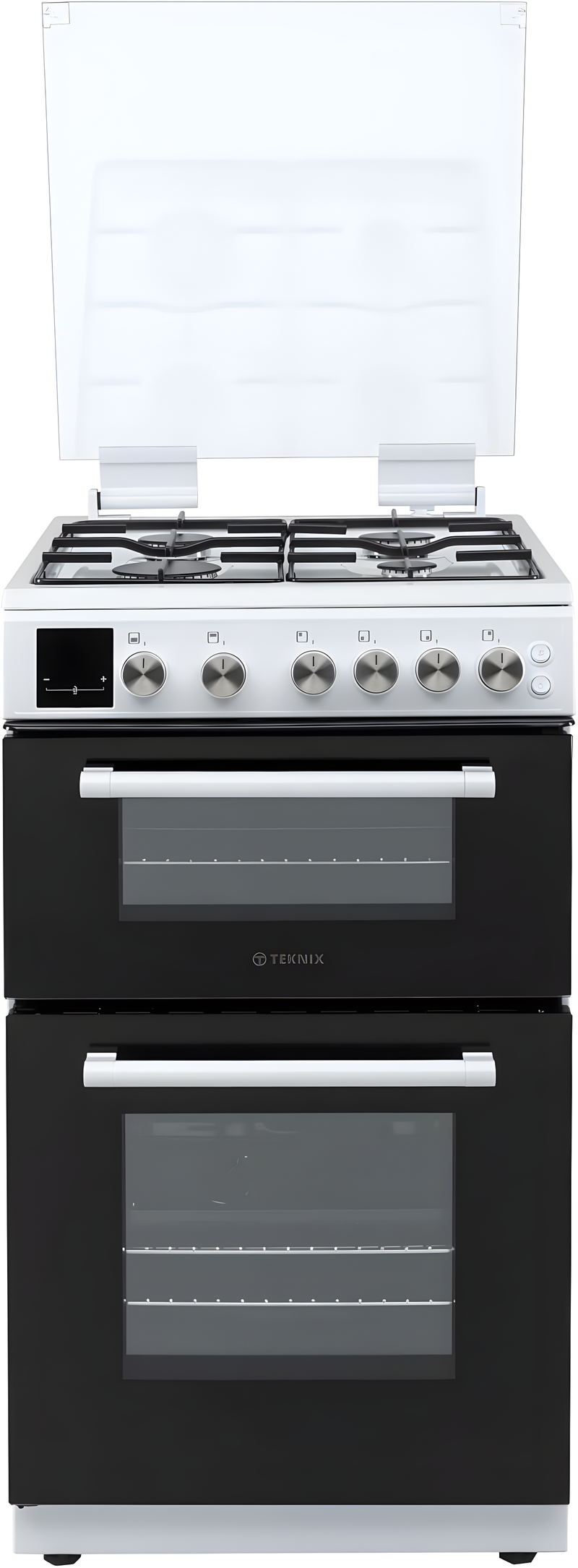 Teknix TKGD50W - White 50cm Freestanding Gas Cooker - Double Oven & Grill, 4 Burner Hob - A+ Energy