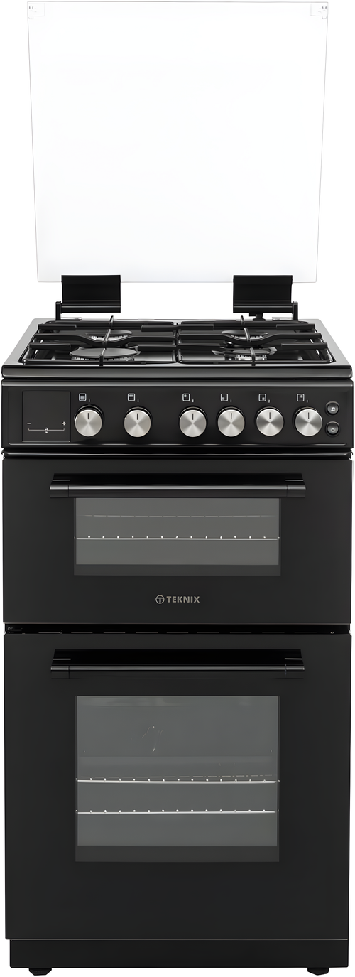 Teknix TKGD50B - Black 50cm Freestanding Gas Cooker - Double Oven & 4 Burner Hob - A+ Energy Rated