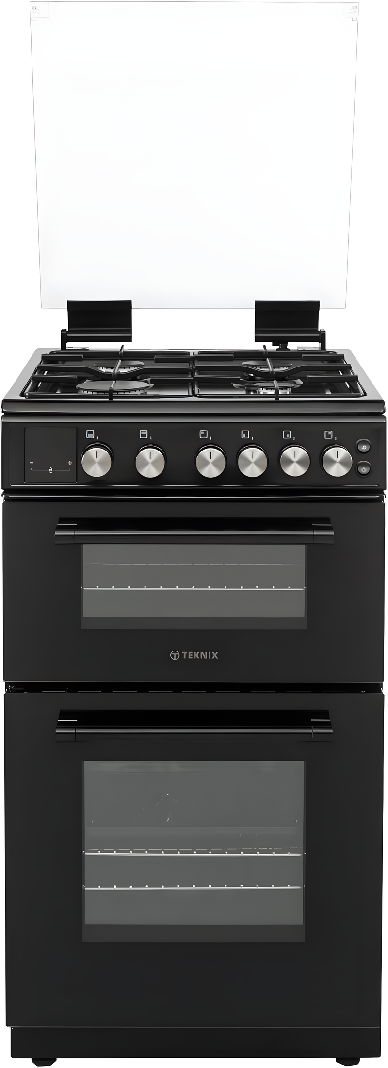 Teknix TKGD50B - Black 50cm Freestanding Gas Cooker - Double Oven & 4 Burner Hob - A+ Energy Rated