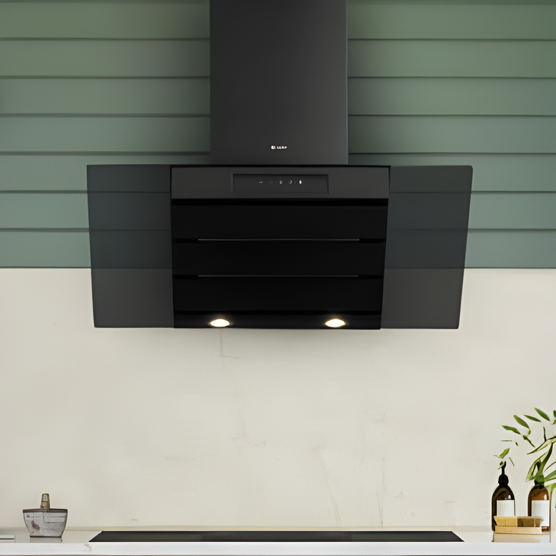 Caple OM900 - Black Glass Chimney Extractor - 90cm - C Energy