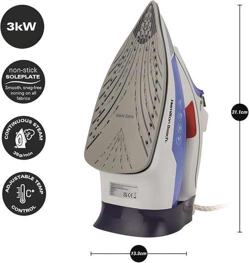 Hamilton Beach HB608WB - Blue Steam Iron - 3000W Ceramic Soleplate