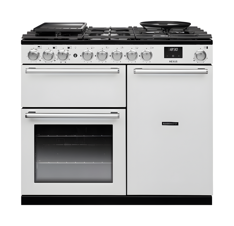 Rangemaster Nexus 100 NEX100DFPWHT/CM1 - White Dual Fuel Range Cooker - 5 Zone Gas Hob - A Energy