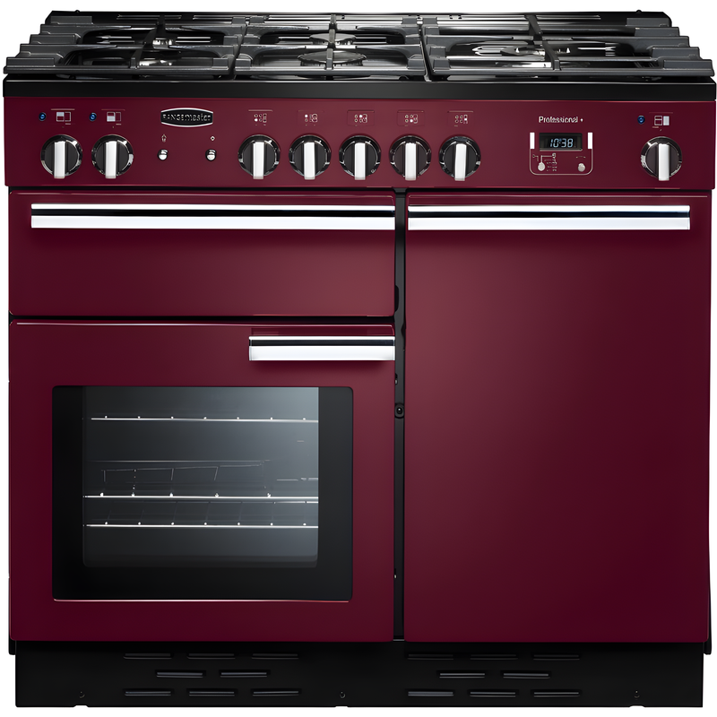 Rangemaster Professional Plus PROP100DFFCY/C - Cranberry/Chrome Dual Fuel Range Cooker - 73L+82L - A Rated