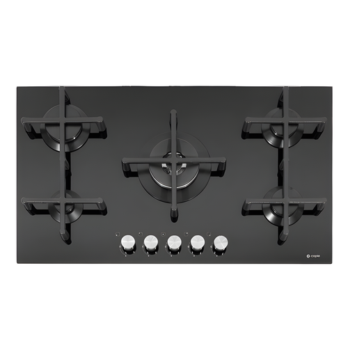 Caple C7591G - Black 86cm 5 Burner Gas on Glass Hob - 4kW Triple Ring Burner - Cast Iron Supports