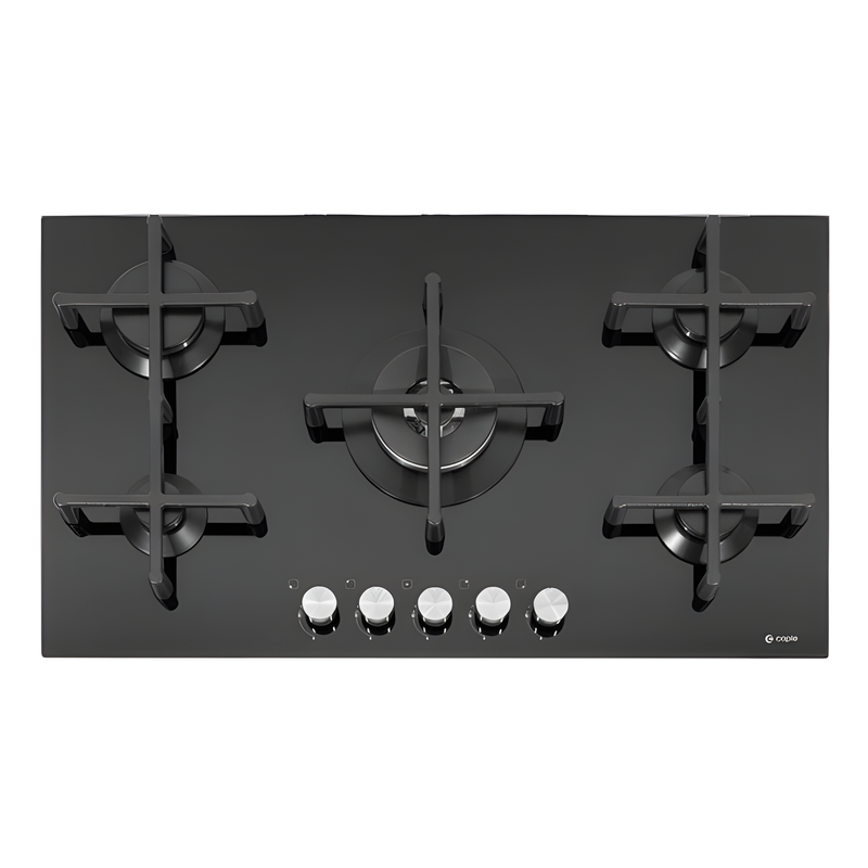 Caple C7591G - Black 86cm 5 Burner Gas on Glass Hob - 4kW Triple Ring Burner - Cast Iron Supports
