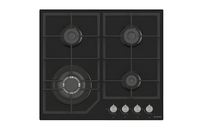 Teknix BITK260GHB - Black Glass 60cm Gas Hob - 4 Burners - 2 Year Warranty