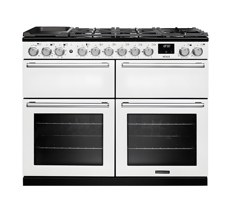 Rangemaster Nexus 110 NEXB110DFPWHT/CM1 - White Dual Fuel Range Cooker - 7 Zone Gas Hob - A/A Energy