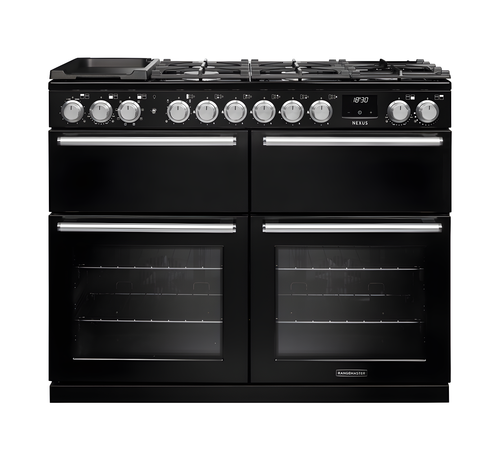 Rangemaster Nexus 110 - Gloss Black Dual Fuel Range Cooker - 7 Zones - A Energy