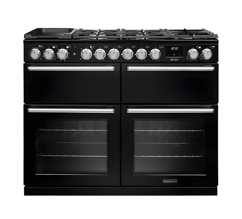 Rangemaster Nexus 110 - Gloss Black Dual Fuel Range Cooker - 7 Zones - A Energy