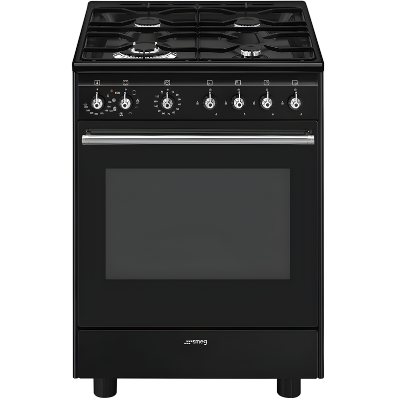 Smeg CX61GMBL Concert - Black Dual Fuel Cooker with Single Oven - 4 Gas Burners - 70L Capacity - A Energy Rating