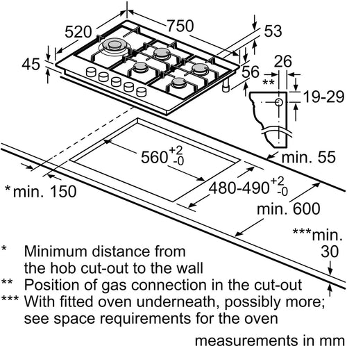 Bosch PCS7A5I90 - Stainless Steel 75cm Gas Hob - 5 Burners