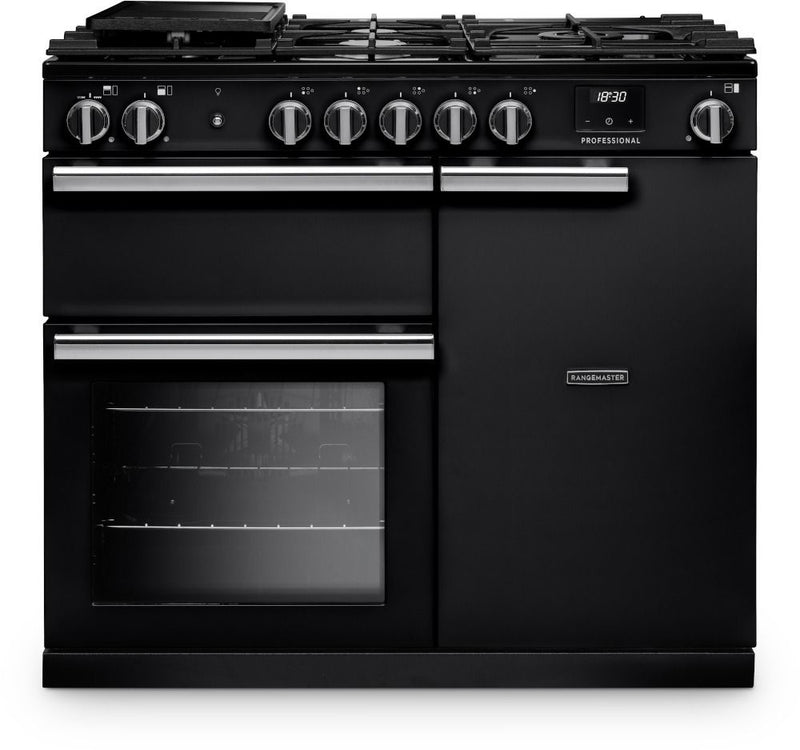 Rangemaster PR100DFPCBL/CM1 - Black 100cm Range Cooker - 5 Burners Gas Hob - A energy