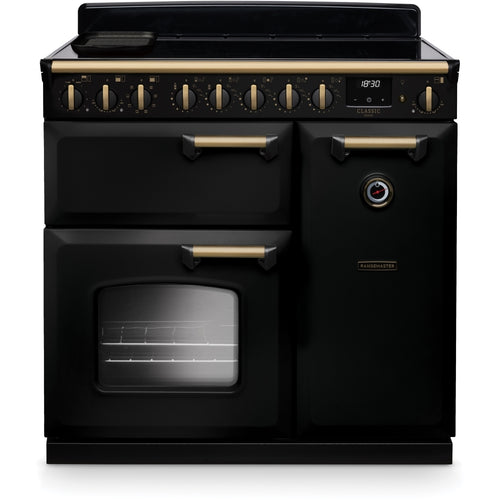 Rangemaster CLDL90EIPGBL/AB1 Classic Deluxe 90cm induction range cooker in gloss black with antique brass trim