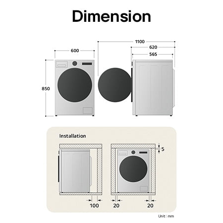 LG FWY606GBLN1 washer dryer dimensions diagram